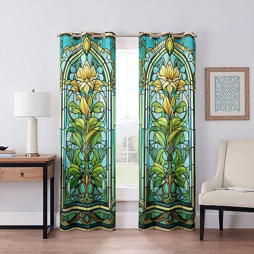 2 Paneele, 100 % Verdunkelungsvorhang, Buntglas-Muster, Vorhänge für Wohnzimmer, Schlafzimmer, Küche, Fenster, thermisch isolierte Raumverdunkelung Image