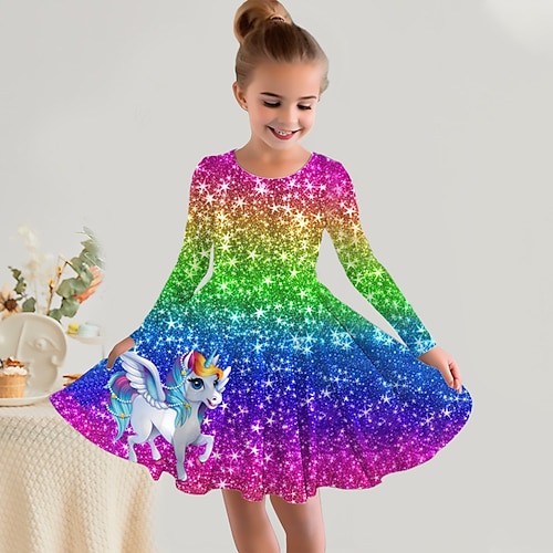 Mädchen' 3D Graphic Kleid Langarm 3D-Druck Frühling Herbst Urlaub Täglich Festtage Kuschelig Brautkleider schlicht Süß kinderkleidung 3-10 Jahre Schaukelkleid A Linie Kleid Übers Knie Regular Fit Image