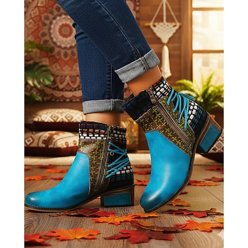Boho Chic Damen Stiefeletten mit buntem Patchwork und Reißverschluss – Schnürboots im Vintage Style für Herbst und Winter Image