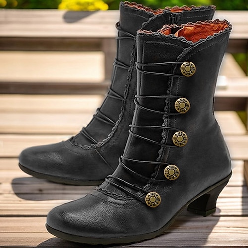 braune Vintage-Stiefeletten im viktorianischen Stil zum Schnüren für Damen mit Knopfdetails und mittlerem Absatz für Cosplay, historische Nachstellungen und den Alltag Image