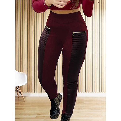 Damen Leggings Gemütliche Leggings Mode Streetwear Volle Länge Hohe Taille Farbblock Reißverschluss Tasche Hoher Schnitt Atmungsaktivität Weich Bequem Mikroelastisch Täglich Heim Outdoor Schwarz Wein Image