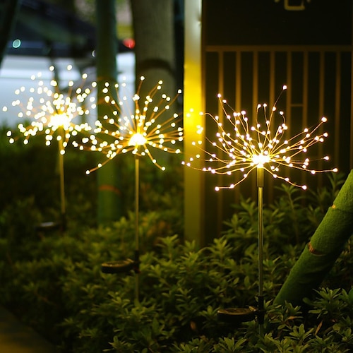 Solar-Feuerwerk-Weglichter im Freien 2x 1x LED-Stangenlichter für Gehweg Garten Hinterhof Landschaftsdekoration 120 LEDs Fee Weihnachtslicht für Garten Straße Hof Rasen Neujahrsparty IP65 wasserdicht Image