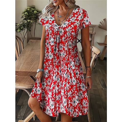 Damen Mini Kleid Petite Kleid T-Shirt Kleid Tee Kleid Shift Kleid Sommer Kleid Bohemia Mode Basic Outdoor Urlaub Party Reguläre Passform Tropisch Kurzarm V-Ausschnitt Schwarz Weiß Gelb Image