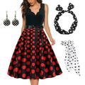 Damen A-Linie Rockabilly-Kleid Polka Dots Swing-Kleid Schlagkleid mit Zubehör-Set 1950er 60er Jahre Retro Vintage mit Stirnband Chiffon-Schal Ohrringe Katzenbrille Sonnenbrille 6-tlg