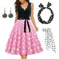 Damen A-Linie Rockabilly-Kleid Polka Dots Swing-Kleid Schlagkleid mit Zubehör-Set 1950er 60er Jahre Retro Vintage mit Stirnband Chiffon-Schal Ohrringe Katzenbrille Sonnenbrille 6-tlg