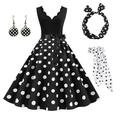 Damen A-Linie Rockabilly-Kleid Polka Dots Swing-Kleid Schlagkleid mit Zubehör-Set 1950er 60er Jahre Retro Vintage mit Stirnband Chiffon-Schal Ohrringe Katzenbrille Sonnenbrille 6-tlg