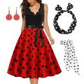 Damen A-Linie Rockabilly-Kleid Polka Dots Swing-Kleid Schlagkleid mit Zubehör-Set 1950er 60er Jahre Retro Vintage mit Stirnband Chiffon-Schal Ohrringe Katzenbrille Sonnenbrille 6-tlg