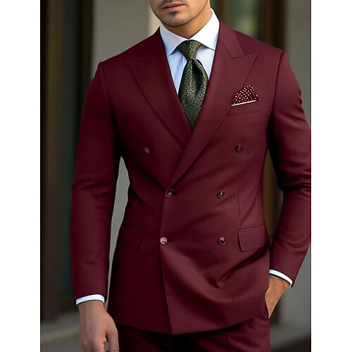 Herren Hochzeit Anzüge Steigendes Revers Schwarz Weiß Geschäftlich Arbeitskleidung Einfarbig Schmale Passform 2-teilig Doppeltknopfjacke mit sechs Knöpfen Image