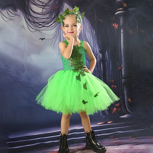 kinderkleidung Mädchen Kleid Party Kleid Blatt Hexenkostüm für Kinder Halloween-Brauch Ärmellos Leistung Besondere Anlässe Gitter Elegant Modisch Schön Polyester Knielang abendkleider Schaukelkleid Image