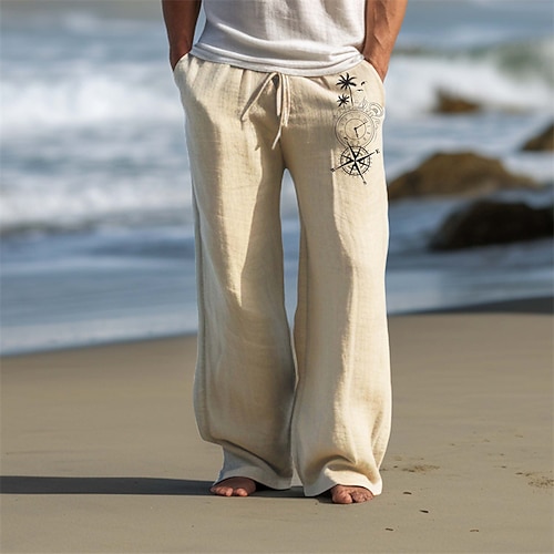 Herren Kokospalme Kompass Leinenhosen Hosen Hose Baggy-Hosen Mittlere Taille Vintage Outdoor Alltagskleidung Streetwear Herbst Winter Schwarz Blau Grün Image