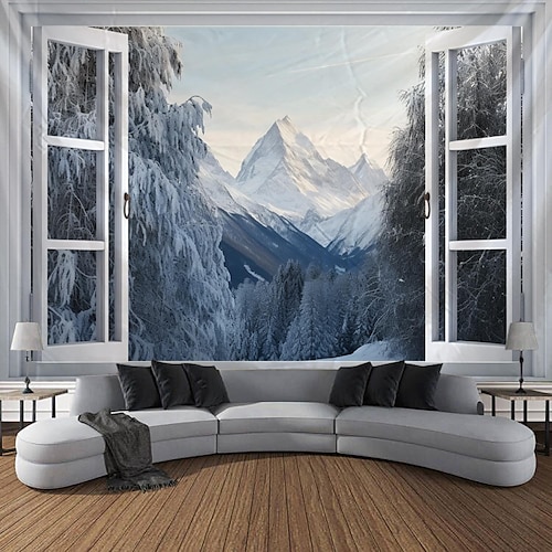Fenster Schnee Berg hängende Wandteppich Kunst große Wandteppich Wanddekor Foto Hintergrund Decke Vorhang Zuhause Schlafzimmer Wohnzimmer Dekoration Wandtuch XXL Natur Image