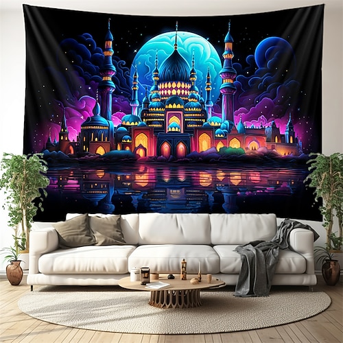 Ramadan-Moschee, Schwarzlicht-Wandteppich, UV-reaktives Leuchten im Dunkeln, trippy neblige Naturlandschaft, hängender Wandteppich, Wandkunst-Wandbild für Wohnzimmer, Schlafzimmer Image