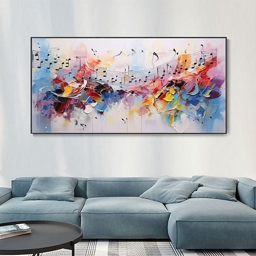 Handgefertigtes Ölgemälde auf Leinwand, Wandkunst, Dekoration, fröhliches, farbenfrohes abstraktes Musikpersonal für die Heimdekoration, gerolltes, rahmenloses, ungedehntes Gemälde