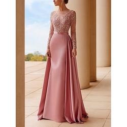 A-Linie Mutter der Braut Kleid Hochzeitsgast Elegantes Schaufel-Ausschnitt Besatz Bürstenzug Stretch Satin Lange Ärmel mit Spitze Gurt Band Raffung 2025 kostenlose Maßanfertigung