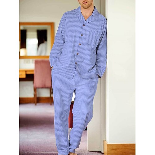 Herren Hausanzug Schlafanzüge Schlafanzug Set Pyjama-Oberteil und Hose 2 Stück Plaid Streifen Stilvoll Brautkleider schlicht Komfort Heim Täglich Baumwolle Komfort Kargen Langarm Hemd Hose Kordelzug Image