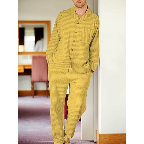 Herren Hausanzug Schlafanzüge Schlafanzug Set Pyjama-Oberteil und Hose 2 Stück Plaid Streifen Stilvoll Brautkleider schlicht Komfort Heim Täglich Baumwolle Komfort Kargen Langarm Hemd Hose Kordelzug Image