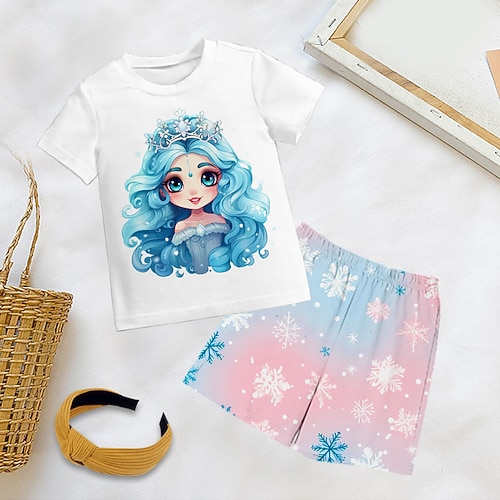 Mädchen 3D Schneeflocke Prinzessin Pyjama-Sets mit T-Shirt und Hose Kurzarm 3D-Druck Sommer Aktiv Modisch Kuschelig kinderkleidung 3-12 Jahre Rundhalsausschnitt Heim Normal Innen Regular Fit Image