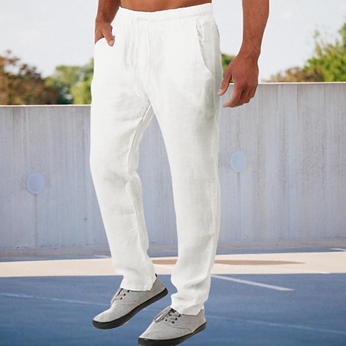 Herren Leinenhose Hose Hosen Sommerhosen Tasche Glatt Komfort Atmungsaktiv Outdoor Täglich Ausgehen Modisch Strassenmode Schwarz Weiß Image