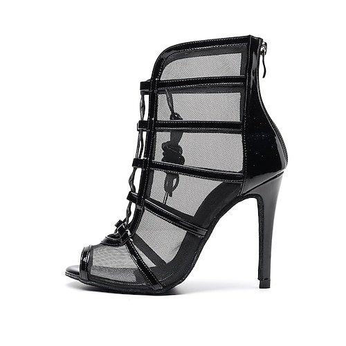 Schwarze Latein-Tanzschuhe aus Mesh für Damen mit hohen Absätzen und Schnürdesign – elegante Sandalen für Gesellschaftstanz Image