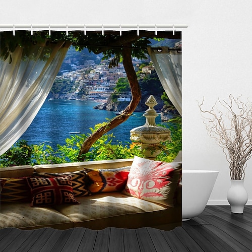 200 cm hoch duschvorhang waschbar Wunderschöner duschvorhang blatt Landschaft Naturdruck wasserdichter Duschvorhang moderner Polyester maschineller Badezimmer mit Haken Image