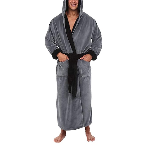 Herren Schlafanzug Morgenmantel Bademantel Glatt Stilvoll Brautkleider schlicht Komfort Heim Täglich Bett Flanell Komfort Warm Kapuzenpullover Langarm Tasche Gürtel inbegriffen Herbst Winter Schwarz Image