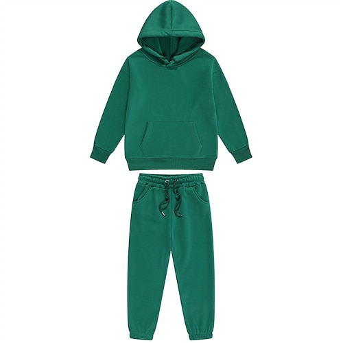 2 Stück kinderkleidung Mädchen Feste Farbe Tasche Set aus Kapuzenpullover und Jogginghose einstellen Langarm Aktiv Schulanfang 7-13 Jahre Herbst Hellblau grün fluoreszierend Schwarz Image