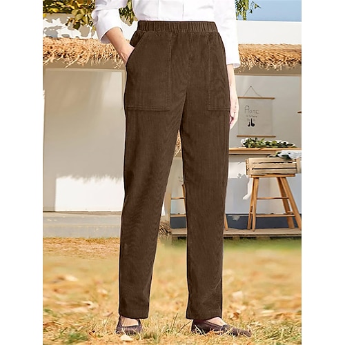 Damen Cordhose Chinos Hosen Hose Streetwear Lässig Volle Länge Hohe Taille Einfarbig Tasche Elastischer Bund Hoher Schnitt Atmungsaktivität Weich Bequem Mikroelastisch Outdoor Straße Täglich Schwarz Image