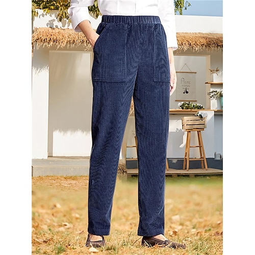 Damen Cordhose Chinos Hosen Hose Streetwear Lässig Volle Länge Hohe Taille Einfarbig Tasche Elastischer Bund Hoher Schnitt Atmungsaktivität Weich Bequem Mikroelastisch Outdoor Straße Täglich Schwarz Image