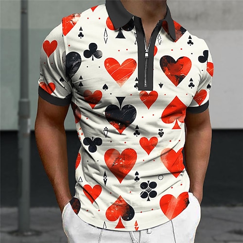 Herren Herz Poker Poloshirts Reißverschluss-Polo Kurzarm Polo-Shirts Umlegekragen Reißverschluss Lässig Outdoor Urlaub Straße Alltagskleidung 3D Druck Sommer Rote Orange Image