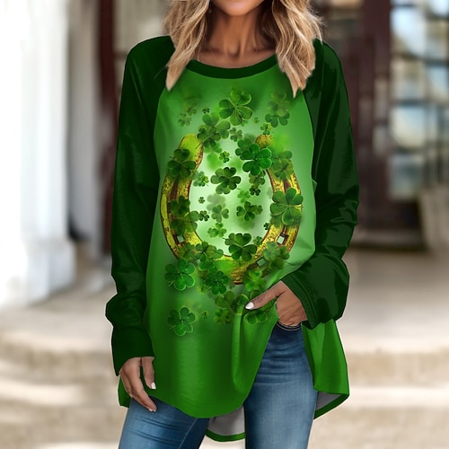St. Patrick's Day Damen T-Shirt Shamrock Mode Langarm Crewneck Lange Tops Casual Feiertagsdruck Grün Frühling Herbst Image