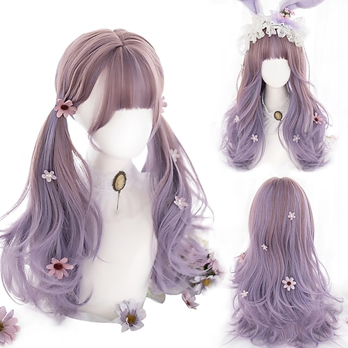 Lange Ombre Bunte Synthetische Cosplay Lolita Harajuku Perücke Mit Pony Natürliche Wellen Perücken Pink Lila Blau Tägliche Perücken Halloween Perücken Image