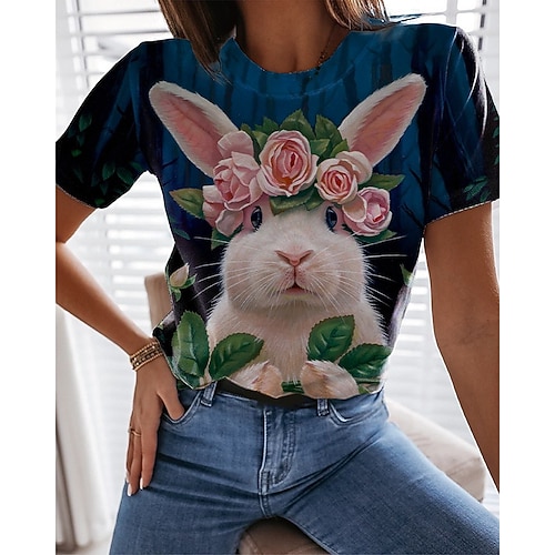 Damen T-Shirt mit Hase, Rose und Krone, blau, geblümt, Rundhalsausschnitt, Stretch, lässig, für jeden Tag, Frühling, Sommer, mehrere Größen Image