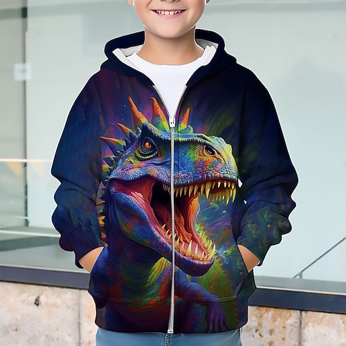 Jungen 3D Tier Dinosaurier Kapuzenshirt Mantel Oberbekleidung Langarm 3D-Druck Herbst Winter Modisch Strassenmode Cool kinderkleidung 3-12 Jahre Outdoor Casual Täglich Regular Fit Image