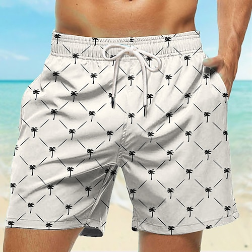 Herren Kokospalme Geometrisches Muster Badehosen Badeshorts Boardshorts Mittlere Taille Hawaiianisch Lässig Ferien Strand Kordelzug mit Mesh-Futter Elastischer Bund Designer Bekleidung Image
