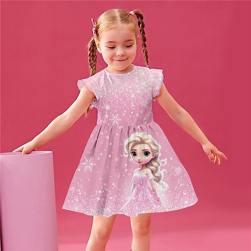 Mädchen' 3D Schneeflocke Prinzessin Rüschenkleid Rosa Ärmellos 3D-Druck Sommer Täglich Festtage Brautkleider schlicht Schön kinderkleidung 3-12 Jahre Casual kleid Tank-Top Kleid Übers Knie Regular Fit Image