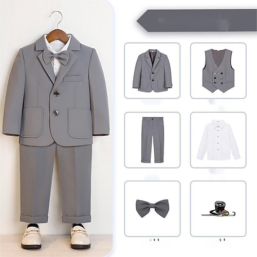 6 Stück kinderkleidung Jungen Anzug Blazer Outfit Feste Farbe Langarm Taste Set Formal Cool Herbst Winter 7-13 Jahre Graues 5-teiliges Set (Jacke Weste Hose Fliege Blaues 6-teiliges Set Image