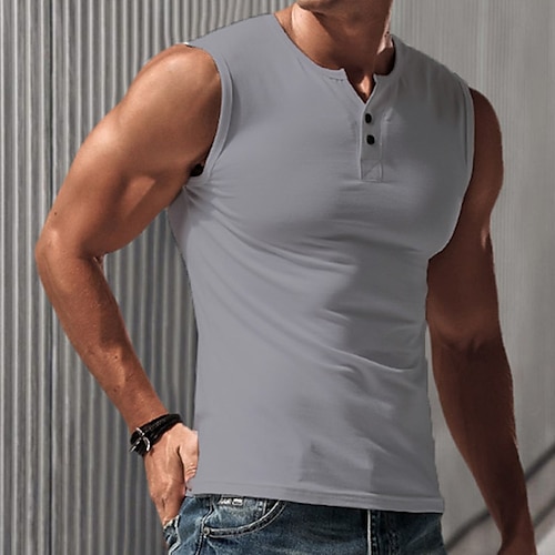 Herren Tank Top Weste Unterhemd Ärmelloses Shirt Kurzarm Henley Sommer Frühling Einfarbig Mode Basic Klassisch Button-Down Straße Lässig Täglich Schwarz Weiß Blau Top T-Shirt für Herren Image