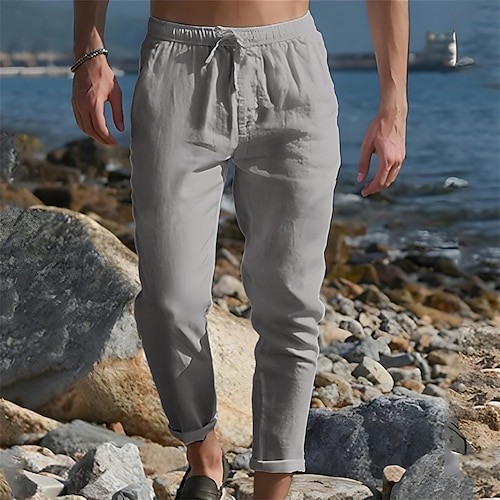 Herren Leinenhosen Hose Sommerhose Kordelzug Tasche Einfach Komfort Weich Knöchellang Lässig Täglich Ausgehen Einfach Lässig Schwarz Weiß Mikroelastisch Image