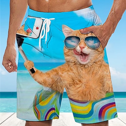 Herren Tier Katze Grafik-Drucke Badeshorts Boardshorts Badeshorts Badehose Schwimmshorts Mittlere Taillenlinie Hawaiianisch Boho Casual Täglich Festtage Kordelzug mit Mesh-Futter Elastische Taille Image