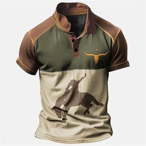 Herren Westernkleidung Poloshirts Golfshirt Kurzarm Polo-Shirts Hemden mit Kragen Vintage Lässig Urlaubskleidung Party-Outfits Knöpfe 3D-Druck Blau Braun Grün Image