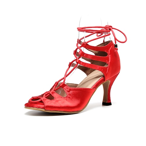 Damen Schuhe für den lateinamerikanischen Tanz Ballsaal Tanzstiefel Line Dance Party Leistung Praxis Satin Absätze Band-Bindung Einheitliche Farbe Schlanker High Heel Schnürsenkel Schnalle Schwarz Rot Image