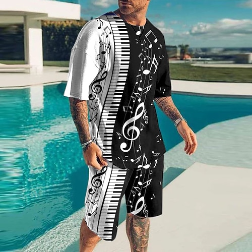 Herren Grafik Musiknoten 2St T-Shirts-Sets Passende Sets Kurzarm Kurze Hosen Rundhalsausschnitt Designer Lässig Bequem Outdoor Urlaub Täglich 3D-Druck Frühling Sommer Schwarz und Weiß Schwarz Image