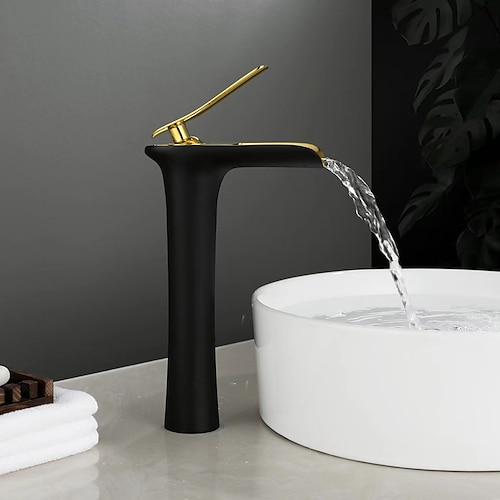 Waschbecken-Mischbatterie mit Wasserfall, hoch, Mono-Waschbecken, Einhand-Waschtischarmaturen, Waschraum mit Warm- und Kaltwasserschlauch, Monoblock-Gefäß, Wasserhahn aus Messing, Deck montiert Image