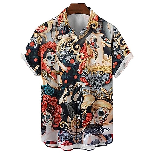 Herren Palmblatt Pin-up-Girl Hemd Sommer Hawaiihemd Alohahemd Kurzarm Hemd Umlegekragen Vintage Mode Designer Urlaub Lässig Täglich Blau Gelb Braun Druck S M L Image