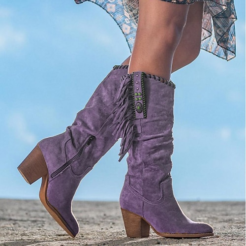 Damenstiefel aus Wildleder im Retro-Western-Stil mit Fransen – Stiefel mit braunem Absatz und halbhoher Wadenhöhe für lässige und Boho-Outfits Image
