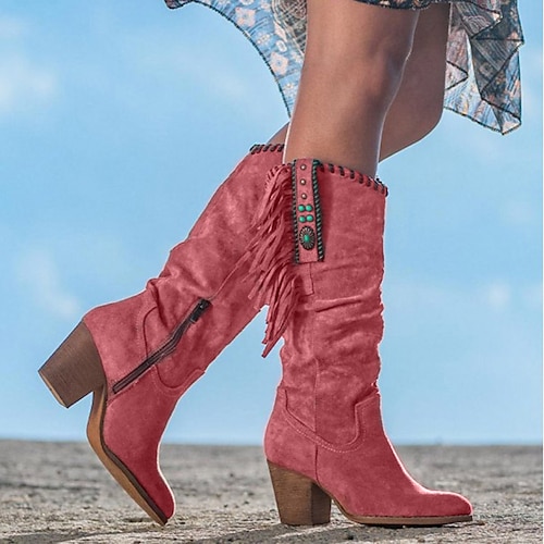Damenstiefel aus Wildleder im Retro-Western-Stil mit Fransen – Stiefel mit braunem Absatz und halbhoher Wadenhöhe für lässige und Boho-Outfits Image