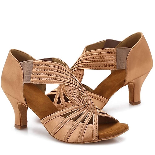 Damen-Latein-Tanzschuhe mit Riemchen in Hellbraun – Peep-Toe-Sandalen mit hohem Absatz und elastischen Riemen für Salsa, Tango und Auftritte Image