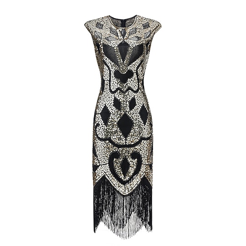 Retro Vintage Goldene Zwanziger 1920er Knielang Flapper Kleid Kleid Cap-Ärmel Der große Gatsby Hochzeitsgast Pailletten Quastenfransen Rundausschnitt Kostüm Damen Maskerade Hochzeit Party / Abend Image