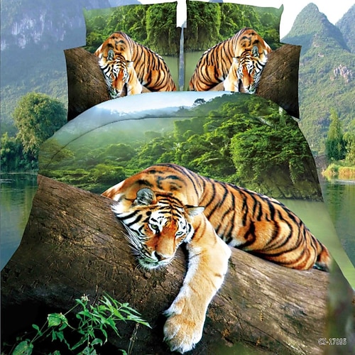 3D-Tiger-Print Bettbezug Bettwäsche-Sets Bettbezug mit 1 Bettbezug oder Bettdecke, 1 Blatt, 2 Kissenbezügen für Doppelbett/Königin/König (1 Kissenbezug für Zwilling/Einzelbett) Image
