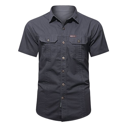 Herren Hemd Knopfhemd Lässiges Hemd Cargo-Shirt Schwarz Gelb Armeegrün Königsblau Blau Kurzarm Glatt Umlegekragen Strasse Casual Button-Down Bekleidung Baumwolle Modisch Klassisch Komfortabel Image